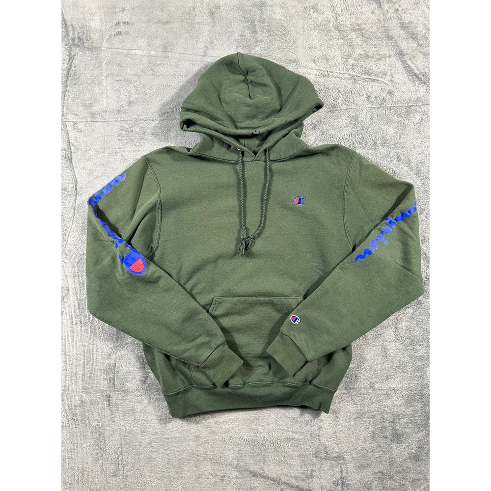 Champion Mens Forest Green Script Logo Sleeve Pullover Hoodie Sweatshirt Small